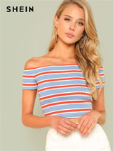 SHEIN Rib Knit Striped Bardot Tee Women Off The Shoulder Short Sleeve Slim Crop T-shirt 2018 Summer Female Sexy Party Top Tee
