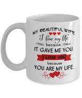 To my wife coffee mug: I love my life because it gave me you. I love you because you are my life. 953