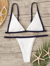 Knit Contrast Binding Triangle Top With Thong Bikini Set