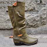 Women Low Heels Round Toe Knee High Boots