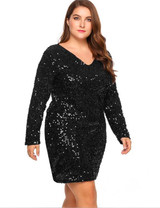 Deep V-Neck Long Sleeve Sequined Cocktail Dress