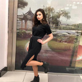 Elegant Vintage Bandage Bodycon Wrap Black Split Long Dresses