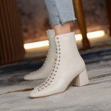 Fashion Woman Ankle Boots High Quality Genuine Leather Handmade Autumn Winter Boots Cross-Tied High Heels Boots Woman