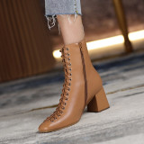 Fashion Woman Ankle Boots High Quality Genuine Leather Handmade Autumn Winter Boots Cross-Tied High Heels Boots Woman