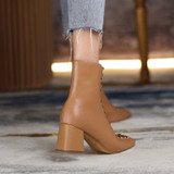 Fashion Woman Ankle Boots High Quality Genuine Leather Handmade Autumn Winter Boots Cross-Tied High Heels Boots Woman