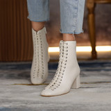 Fashion Woman Ankle Boots High Quality Genuine Leather Handmade Autumn Winter Boots Cross-Tied High Heels Boots Woman