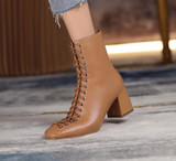 Fashion Woman Ankle Boots High Quality Genuine Leather Handmade Autumn Winter Boots Cross-Tied High Heels Boots Woman