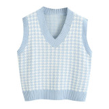KPYTOMOA Women 2020 Fashion Houndstooth Loose Knitted Vest Sweater V Neck Sleeveless Side Vents Female Waistcoat Chic Tops