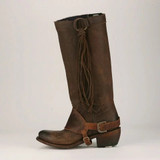 Women Vintage Tassel Knot Knee High Chunky Heel Boots