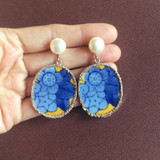 Blue and yellow porcelain earrings with freshwater pearl studs