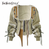 TWOTWINSTYLE Casual Patchwork Hit Color Irregular Jacket Women Square Collar Lantern Long Sleeve Lace Up Female Coats 2020 Tide TWOTWINSTYLE Casual Patchwork Hit Color Irregular Jacket Women Square Collar Lantern Long Sleeve Lace Up Female Coats 2020 Tide