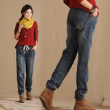 Elastic Waist Winter Jeans Pants Loose Women's Harem Pants Trousers Plus Thick Velvet Warm Straight Denim Jeans Leggings C1505