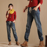 Elastic Waist Winter Jeans Pants Loose Women's Harem Pants Trousers Plus Thick Velvet Warm Straight Denim Jeans Leggings C1505
