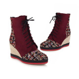 EGONERY women wedges ankle boots 2020 winter round toe high heels platform winter mixed color party booties laced up zipper shoe