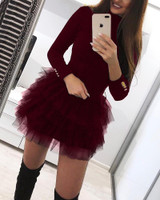 Buttoned Long Sleeve Solid Spliced Mini Dress Women Sexy Party Dress