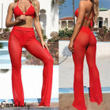 See Through Flared Mesh Summer Beach Long Pants 2019 New Women High Waist Pants Trousers