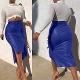 Women High Waist Bodycon Belt PU Skirts Slit Sexy & Club Streetwear Pencil  Leather Skirt