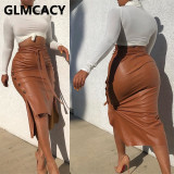 Women High Waist Bodycon Belt PU Skirts Slit Sexy & Club Streetwear Pencil  Leather Skirt