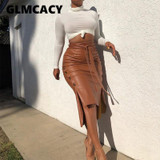 Women High Waist Bodycon Belt PU Skirts Slit Sexy & Club Streetwear Pencil  Leather Skirt