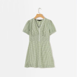 Summer women dress casual plaid short-sleeved V-neck lace dress stitching Vestidos Summer women dress casual plaid short-sleeved V-neck lace dress stitching Vestidos
