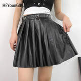 HEYounGIRL Faux Leather PU Pleated Skirt Harajuku Punk High Waist Skirts Womens Casual Black Short Skirt Preppy Style Summer