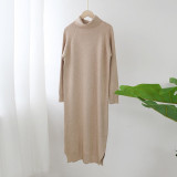 Aachoae Solid Knitted Long Dress Women Autumn Winter Turtleneck Long Sleeve Sweater Dress Lady Split Loose Casual Dress Vestidos
