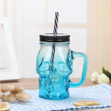 500ml Creative Mason Cups with Lids And Straw Handle Glass Skull Mug Beer Mug with Straws Skull Glass Cup Halloween Mug Cup Gift