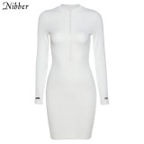 Nibber Basic activity zipper mini dress street casual sport style elastic dress simple high quality full sleeve femme slim wear