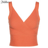 Nibber simple ribbed knitted Ladies camisole vogue Solid V Neck backless Crop Top Womens street Casual Bodycon activity tank top