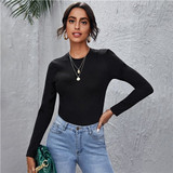 SHEIN  Dark Grey Round Neck Solid Top Women Tees 2020 Autumn Basics Long Sleeve Solid Slim Fitted Casual T-shirts