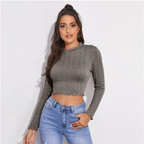 SHEIN Lettuce Trim Cable Knit Crop Top Women Autumn Long Sleeve Stand Collar Solid Slim Fitted Casual T-shirts
