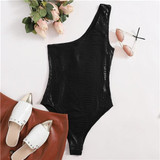 SHEIN Black One Shoulder Crocodile Embossed Bodysuit Women Autumn Sleeveless Mid Waist Casual Skinny Bodysuits