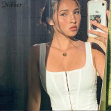 Nibber Chic Hook Buckle Design Cotton Sleeveless Crop Top Woman  Simple Patchwork Activity Wear Casual Club Tank Top Female Slim