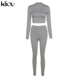 Kliou fashion tracksuit women turtleneck full sleeveless crop top+leggings matching set stretchy sporty fitness casual outfits