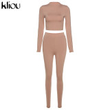 Kliou fashion tracksuit women turtleneck full sleeveless crop top+leggings matching set stretchy sporty fitness casual outfits