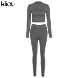 Kliou fashion tracksuit women turtleneck full sleeveless crop top+leggings matching set stretchy sporty fitness casual outfits