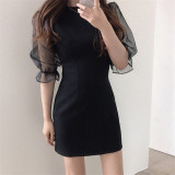 Colorfaith New 2020 Women's Summer Dresses High Waist Casual Puff Sleeve Patchwork Vintage Tulle Package Hip Mini Dress DR1289