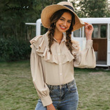 Simplee Vintage ruffled women blouse shirt Elegant lantern sleeve buttons female tops shirts Autumn winter office ladies blouses