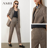 AMII Minimalism Autumn Vintage Women's Suit Olstyle Plaid Lapel Autumn Coat Causal High Waist Female Pants 12030294