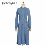 TWOTWINSTYLE Denim Dresses For Women Lapel Collar Lantern Long Sleeve High Waist Sashes Casual Dress Female 2020 Summer New Tide