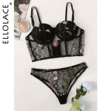 Ellolace Embroidery Bra Set Women's Underwear Set See Through Lingerie Bra and Party Set Lingerie Set Sexy Lace Bra Set