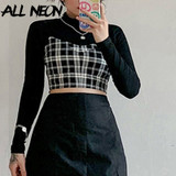 ALLNeon Y2K E-Girl Sweet  Plaid and Black Crop Tops Streetwear Two Piece Outfit Turtleneck Long Sleeve T-shirts 90s Vintage Tees