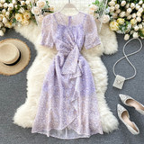 SINGRAIN Women Chic Purple Floral Dress Irregular Ruched V Neck French Ruffles Dress Summer Romantic Boho Print Two-piece Dress