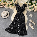 SINGRAIN Women Dot Tank Dress Sexy Deep V Sleeveless Split Ruffles Ruffles Midi Dress Summer Boho Print Romantic Holiday Dress