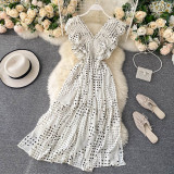 SINGRAIN Women Dot Tank Dress Sexy Deep V Sleeveless Split Ruffles Ruffles Midi Dress Summer Boho Print Romantic Holiday Dress