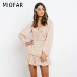 MIOFAR Square Collar Long Sleeve Ruffled Stitching Print Casual Dresses Women Fashion Sexy Elegant Party Dress Female New Autumn