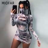 MIOFAR Turtleneck Long-sleeved Printed See-through Mesh Sexy Dresses Autumn Winter New Women's Fashion Elegant Party Dress Girl