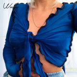 Weekeep Autumn Long Sleeve Ruffle Bandage Lace up Sexy Crop Tops Women Fashion Streetwear Knitted Retro Outfit T-shirts Punk Top
