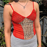Weekeep Leopard Print Women Tops Fashion Sexy Skinny Summer Crop Top Camis Ladies V-neck Lace up Mesh Patchwork Streetwear Top