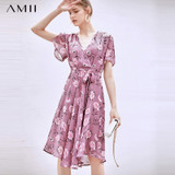 Amii Spring Women Elegant Floarl Print Dress Fashion V-neck Short Sleeve  A-line Knee-Length Dresses Female Vestidos 11930286